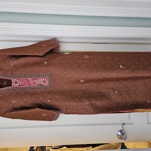 Brown Kurta with Pink Embroidery